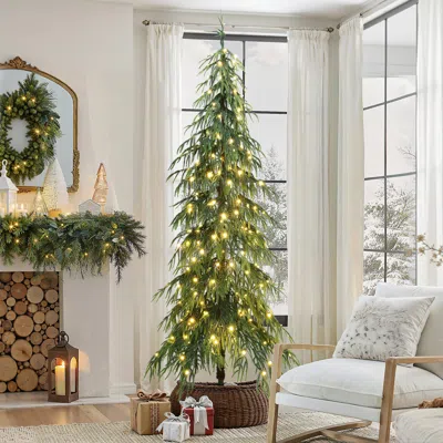 Luxenhome Pre-lit Slim Artificial Cedar Christmas Tree, 7.5ft In Green