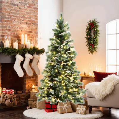 Luxenhome Pre-lit Snow-flocked Artificial Pine Christmas Tree, 6ft In Green