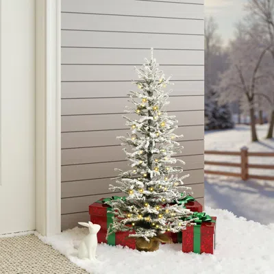 Luxenhome Pre-lit Snow-flocked Christmas Tree With Base,4ft In White