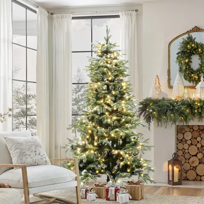 Luxenhome Pre-lit Snowy Branches Fir Christmas Tree With Stand,6.5ft In Green