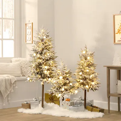 Luxenhome Pre-lit Snowy Christmas Tree With Metal Base- Set Of 3 In Gold