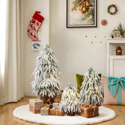 Luxenhome Pre-lit Snowy Flocked Christmas Tree With Bases,set Of 3 In Green