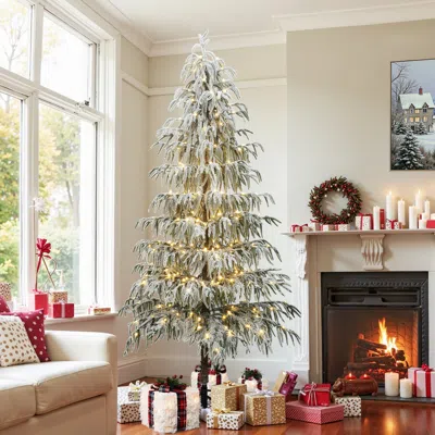 Luxenhome Pre-lit Snowy Slim Artificial Cedar Christmas Tree, 7.5ft In White