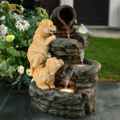 Luxenhome Puppy Outdoor Fountain With Lights – Farmhouse Rock Tower Style In Multi