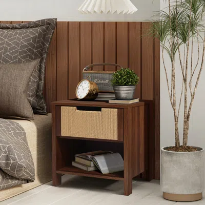 Luxenhome Rafa Rope Square End Table Nightstand With Storage, Walnut 18.9"w In Multi