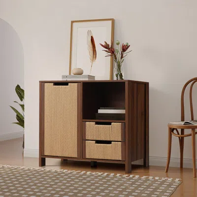 Luxenhome Rafa Walnut Finish Rope Front Wood Storage Cabinet, 35.4"w In Multi