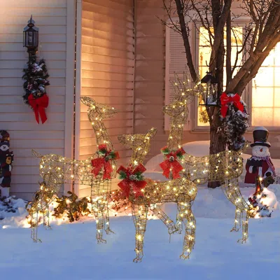 Luxenhome Rattan Deer Family Christmas Lighting For Outdoor, Set Of 3 In Brown