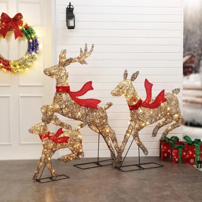 Luxenhome Rattan Running Reindeer Christmas Lighting, Set Of 3 In Brown