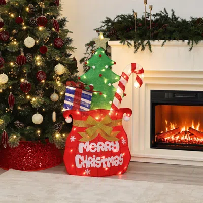 Luxenhome Red Santa's Pack Holiday Decoration With Lights, 3.5ft In Multi