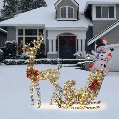 Luxenhome Reindeer And Sleigh Lighted Holiday Decoration In Gold