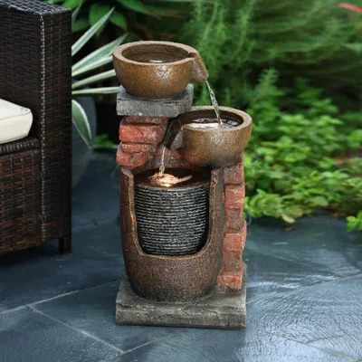 Luxenhome Resin Water Fountain With Led Lights – Bowls And Brick Design In Brown