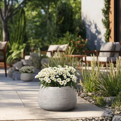 Luxenhome Ribbed Bowl Planter With Brown Texture, 11.4" W In Silver
