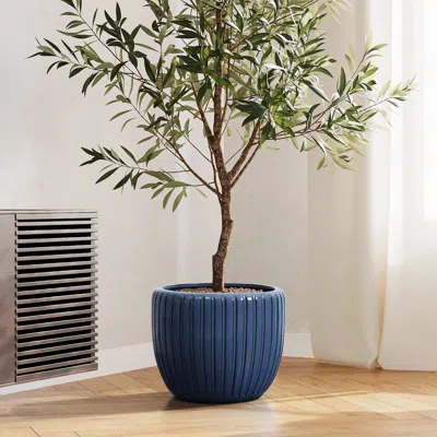 Luxenhome Ribbed Ceramic Round Bowl Planter, Dusky Blue