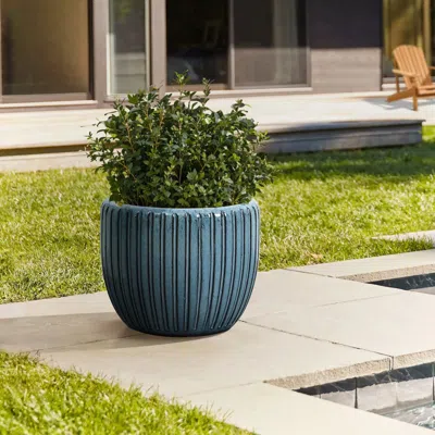 Luxenhome Ribbed Ceramic Round Bowl Planter, Sea Green In Blue