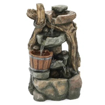 Luxenhome Rock Garden Fountain With Led Lights – Resin Wall And Barrel Style In Brown
