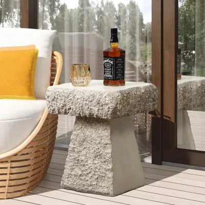 Luxenhome Rock Textured Cement Outdoor Side Table In Neutral