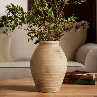 Luxenhome Rustic Beige Ribbed Terracotta Vase, 13.2" H In Neutral