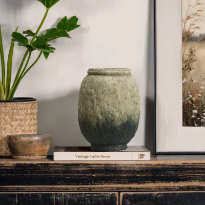 Luxenhome Rustic Brown & Green Bottom Round Terracotta Vase,10''