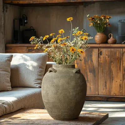 Luxenhome Rustic Brown Cauldron Terracotta Vase, 15.4" H