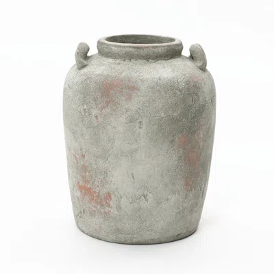 Luxenhome Rustic Gray & Brown Round Terracotta Vase With Handles,13.4''