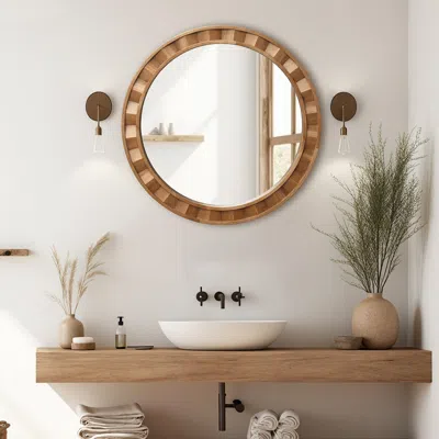 Luxenhome Rustic Natural Solid Wood Frame Round Wall Mirror, 28"h In Brown