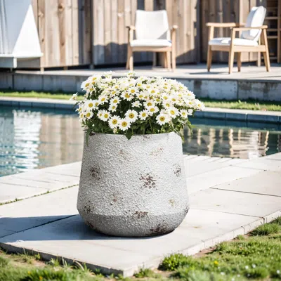Luxenhome Rustic Off White With Brown Accents Tall Round Mgo Planter, 15.6'' H In Multi