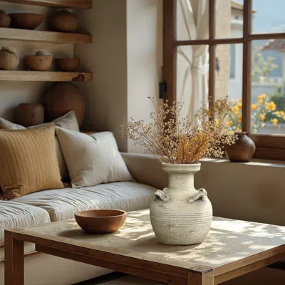 Luxenhome Rustic Off-white With Gray Terracotta Urn Vase,10.2''