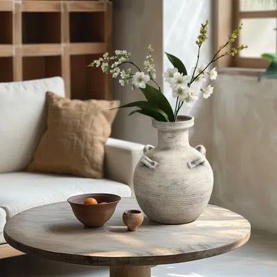 Luxenhome Rustic Off-white With Gray Terracotta Urn Vase,12.4'