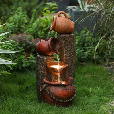 Luxenhome Rustic Resin Pots And Posts Outdoor Water Fountain In Multi