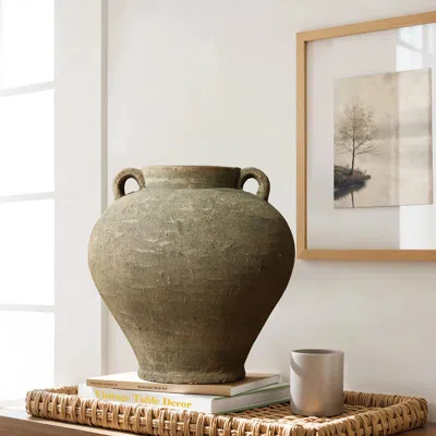 Luxenhome Rustic Terracotta Vase – 14.6″ Brown Cauldron-style Decorative Sphere In Multi