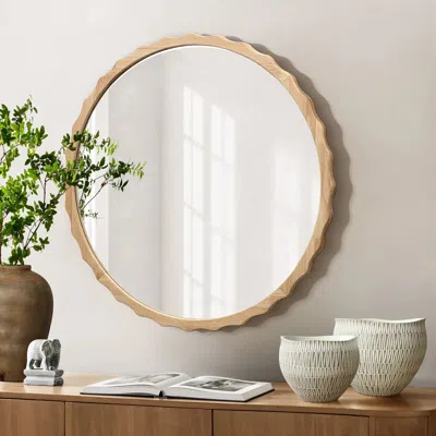 Luxenhome Scalloped Wood Frame Round Wall Mirror In Brown