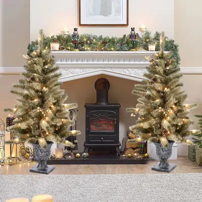 Luxenhome Set Of 2 4ft Pre-lit Led Artificial Flocked Pine Christmas Tree With Pine Cones And Urn Pot In Multi