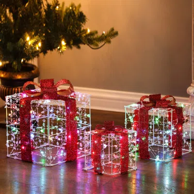 Luxenhome Set Of 3 Lighted Led Christmas Holiday Presents Decoration, Indoor/outdoor In Multi