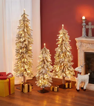 Luxenhome Set Of 3 Pre-lit Led Flocked Fir Slim Artificial Christmas Trees In Multi