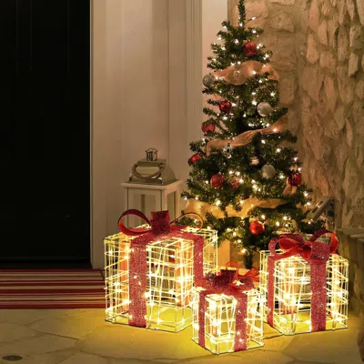 Luxenhome Set Of 3 Presents With Red Ribbon Lighted Holiday Decoration In Multi