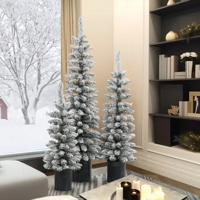 Luxenhome Set Of 3 Snow-flocked Christmas Trees With Metal Pots In White