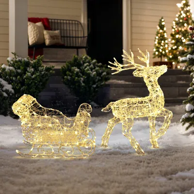 Luxenhome Sleigh Reindeer Holiday Decoration With Lights, Set Of 2 In Gold