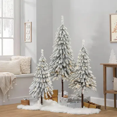 Luxenhome Snow-flocked Sweeping Branches Artificial Tree With Battery Operated Lights, Set Of 3 In White