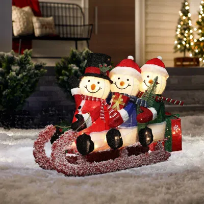 Luxenhome Snowman Family Trio Lights Outdoor Holiday Decoration, 28"h In Red