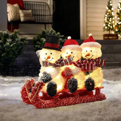 Luxenhome Snowman Family Trio On Sled With Lights Outdoor Holiday Decoration In Red
