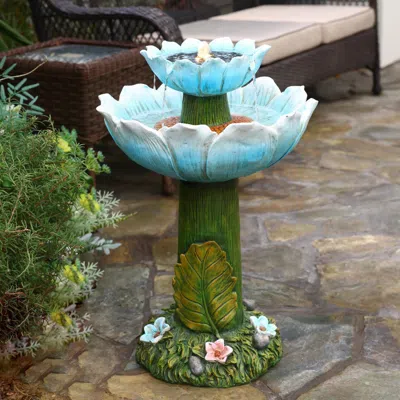 Luxenhome Solar-powered Bird Bath Water Fountain With Light – 28.3"  Blue Flower Design
