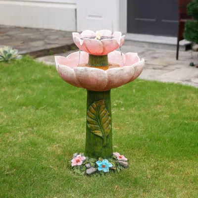 Luxenhome Solar Powered Birdbath Water Fountain With Lights, 2-tier Pink Flower