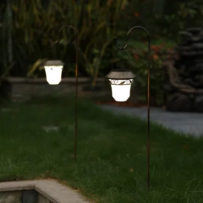 Luxenhome Solar Powered Outdoor Hanging Lantern Set With Shepherd Hooks, Integrated Led Garden Pathway Lights