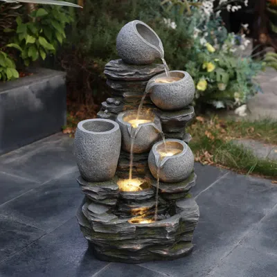 Luxenhome Stacked Pot Fountain With Planter – Farmhouse Style 29"h In Gray