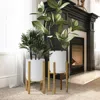 Luxenhome Striped White Metal Indoor Planters With Stands, Set Of 2 In Gold