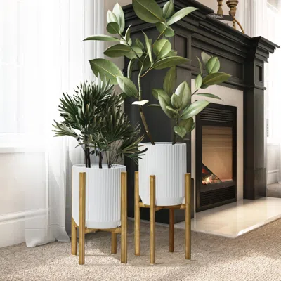 Luxenhome Striped White Metal Indoor Planters With Stands, Set Of 2 In Gold