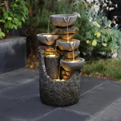 Luxenhome Tiered Water Fountain With Lights – 5-tier Gray Outdoor Design