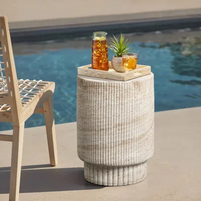Luxenhome Travertine-style Round Ribbed Mgo Side Table In Neutral