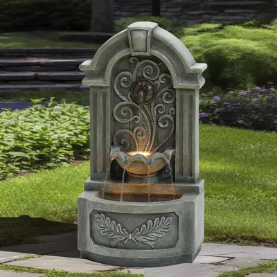 Luxenhome Wall Freestanding Water Fountain With Lights – 29.7" Resin Classic Design In Gray