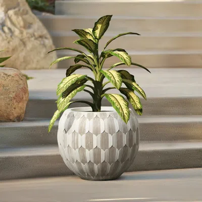 Luxenhome White And Beige Geometric Patterned Round Planter, 11.81" H In Gray